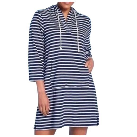 Loft Swim Women's Striped V-Neck Terry Hooded Cover Up Dress Size L Navy NWT - Picture 1 of 10